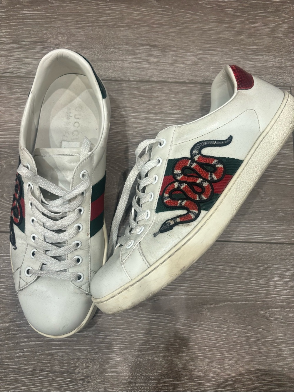 Gucci White Leather Sneakers with Red & Green Stripe and Embroidered Snake